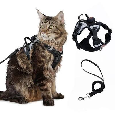 Cat Harness Leash Set with AirTag Holder, Upgraded Escape Proof Vest with Lead for Large Cat Small Dog Puppy Outdoor Walking, Soft Breathable Mesh Jacket with Reflective Strip (Black, L)