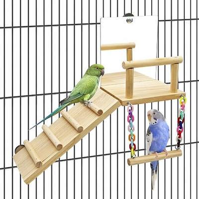 BNOSDM Bird Perch Platform with Mirror, Wooden Climbing Ladder for Parakeet, Small Bird Swing Toys Parrot Cage Accessories Budgie Playground for Cockatiel, Lovebirds, Conures, Finch