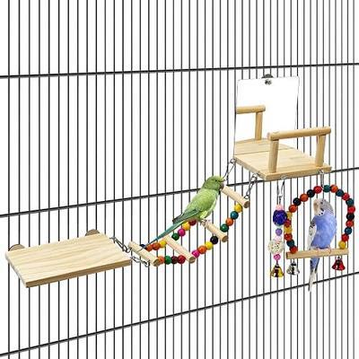 BNOSDM Bird Perch Platform with Mirror, Wooden Climbing Ladder for Parakeet, Small Bird Swing Toys with Hanging Chewing Balls Parrot Cage Accessories Budgie Playground for Cockatiel, Lovebird, Conure