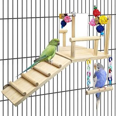 BNOSDM Bird Perch Platform with Mirror, Wooden Climbing Ladder for Parakeet, Small Bird Swing Toys with Rotating Balls Parrot Cage Accessories Budgie Playground for Cockatiel, Lovebirds, Conures