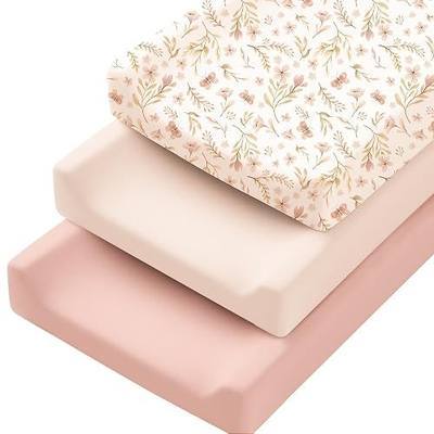Konssy 3 Pack Stretchy Changing Pad Covers, 32"x16" Changing Table Sheets | Silky Soft & Breathable Fabric, 360° Full Elastic Fit, Floral Printed & Solid Designs, for Baby Girls & Boys (Pink Spring)