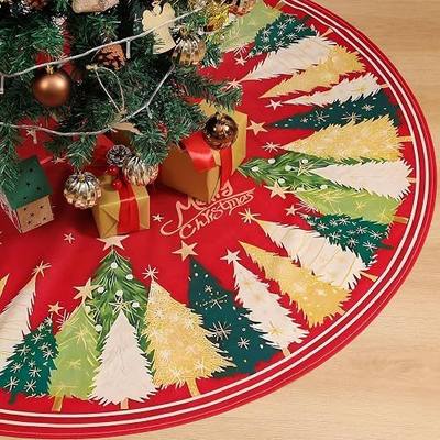 Multiwins Christmas Tree Skirt 48 Inch, Red Christmas Tree Skirt with Christmas Tree and Star Design, Thick Flannel Fabric, Xmas Tree Skirt for Holiday Decorations