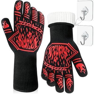 BBQ Gloves 1472F Heat Resistant Anti Slip Long with 2 Hooks | One Size, Hand & Wrist Protection for Kitchen, Fireplace, Griddle, Smoker