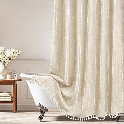 Seenus Boho Farmhouse Linen Shower Curtain with Tassels, Heavyweight Soft Fabric Shower Curtain Beige Water Repellent, 72 x 72 Inch Cream Elegant Bathroom Decor Shower Curtains Cotton Striped