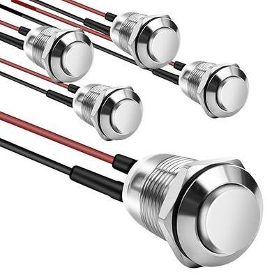 5 Pcs Silvery Momentary Push Button Switch with Stainless Steel and Aluminum Alloys Witch, IP66 Protection, IK09 Vandal Resistance Design,2A 12V/24V/125V/250V AC, 100K Cycles, Pre-Wired Cables