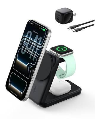 Belkin Qi2.2 25W Magnetic Wireless Charging Station, 3-in-1 Foldable Stand | Fast charging, MagSafe compatible, iPhone charger 17/16/15, Apple Watch, AirPods, Pixel 10, Galaxy S26, 45W adapter