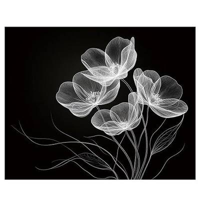 LMSDYSHU Black Tempered Glass Backsplash for Kitchen Stove 30x24 Inch | One Piece Oven & Range Backsplash, with White Line Floral Pattern, Heat Resistant & Easy to Clean
