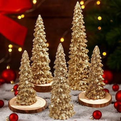 Jetec 5 Pcs Gold Christmas Tree Figurines, Resin Glittered Christmas Trees Table Decor, 9.8''/7.6''/5.7'' Xmas Resin Pine Trees Figurine Set for Tables, Mantel, Home, Party Decor(Glitter Gold)