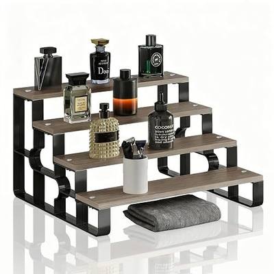 4 Tier Cologne Organizer for Men, Wooden Perfume Organizer Stand, Waterproof Display Shelf Rack for Dresser, Vanity, Figures, Cupcake, Dessert Table(Walnut,Width=11.2")
