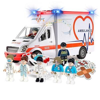 Ambulance Car Toys for Boys – Complete Rescue Playset with Truck, Doctor & Patient Figures, Stretcher, Lights & Siren, Educational Stickers for Kids Role-Play, 3 Year Old Boy Gift