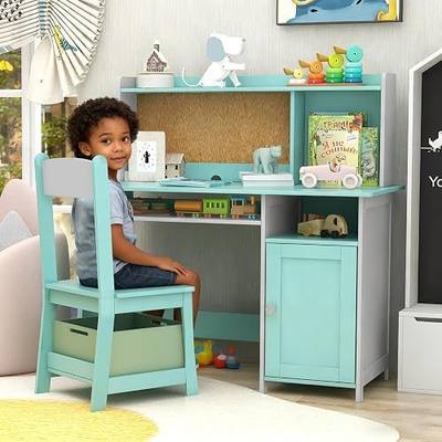 TaoHFE Blue Kids Desk and Chair Set, Kid Desk Chair with Storage and Shelf, Wooden Kids Table and Chairs for Bedroom and Study, Craft Table with Storage Gifts for Boys to Study