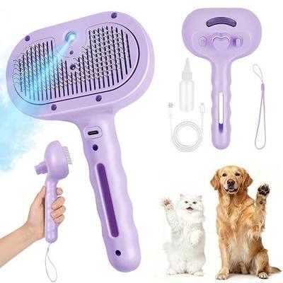 Dog Cat Steam Brush with UV Light,3 in 1 Release Button Self-Cleaning Grooming Brush for Pets Cats Dogs,Hair Massaging Shedding for Small Animals Long Short Haired - Purple