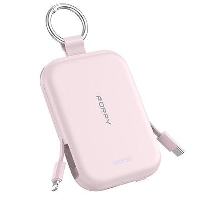 RORRY CharmGo Portable Charger, 5000mAh Portable Charger Power Bank with Built-in Cables, Travel Keychain Charger Battery Pack for iPhone 17/16/15/14/13/12, for AirPods 2/3/4/Pro, Pink