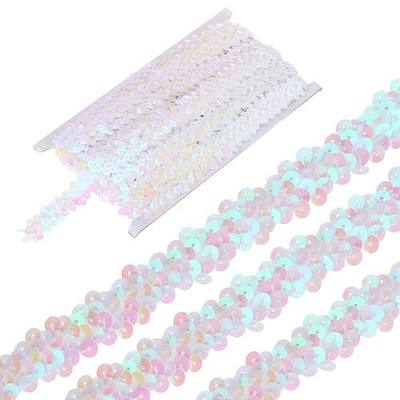 MECCANIXITY 5 Yards 0.8 Inch Elastic Sequins Trim 2 Row Flat Sequin Strip Paillette Fabric Ribbon for Crafts DIY Fringe Sewing Costume Dress, Colored White