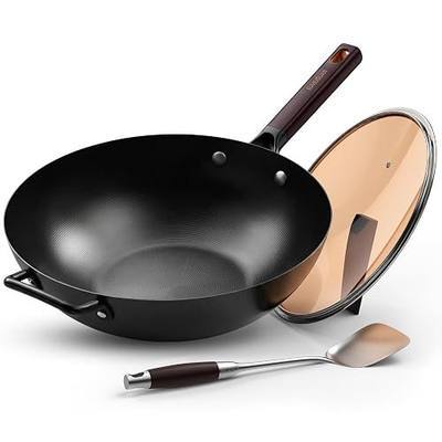 13.5" Carbon Steel Wok Pan - Pre-Seasoned Flat Bottom Woks & Stir-fry Pans Chinese Cookware with Lid & Spatula - For Pan-fry,Stir Fry, Steam, BBQ & Camping - Compatible with Induction, Gas