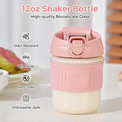 12oz Glass Shaker Bottle, Borosilicate Glass Blender Protein Powder Leak-Proof Shaker Cups for Protein Shakes Mixes with Stainless Steel Shaker Ball