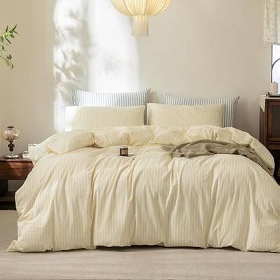 FOSSA Striped Duvet Cover Set 100% Washed Cotton Linen Feel Queen | Super Soft Breathable Lightweight & All Season Bedding Set with Hidden Zipper & 8 Corner Ties (Pastel Yellow)