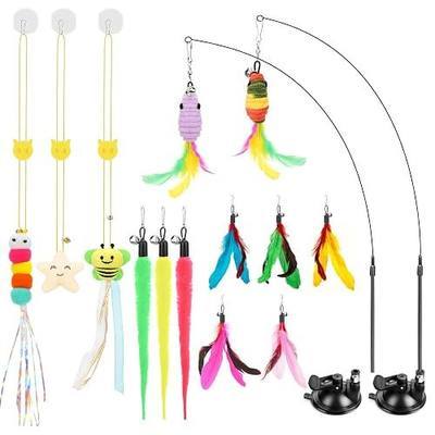 Atosun Interactive Cat Toys, 15PCS Cat Wand and Feather Toys for Indoor Cats, Reusable Suction Cup Toys for Kittens Play Exercise