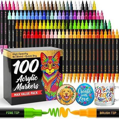 ARTISTRO Acrylic Glass Markers for Wine Glasses and Drinkware (100 Pack), Vibrant Dual Tip Paint Pens for Party Charms & Bar Tools (Brush + Fine Tips)