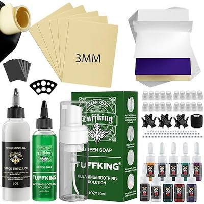 116PCS Tattoo Practice Kit with 30PCS Transfer Paper Tattoo Starter Kit Includes 5oz Tattoos Stencil Transfer Gel 4oz Green Soap 5PCS 3mm Fake Skin for Beginners Tattooing Supplies