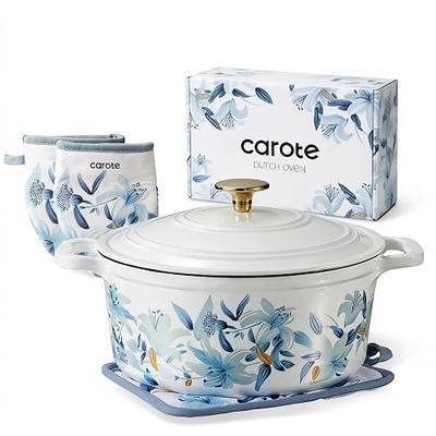 CAROTE 5QT Enameled Floral Cast Iron Dutch Oven Pot with Lid | Sourdough Bread Baking with Cotton Potholders & Oven Gloves, Gift Box, Cookware for Braising, Oven Safe up to 500° F
