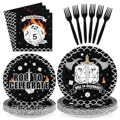 96Pcs D20 Dice Dungeons Theme Game Party Decorations, Serve 24 | Dragons Dice Plates and Napkins Roll to Celebrate Tableware Set for Men Boy Husband D20 Role-Playing 20th Party Supplies