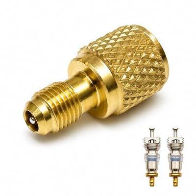 R134A Brass Refrigerant Tank Adapter, 1/4" Male to 1/2" Female Fitting with Valve Core, Automotive AC Freon Charging Port Connector for Refrigeration Vacuum Pump & Auto Repair Service