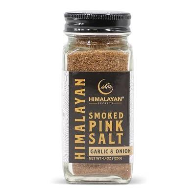 Himalayan Secrets Garlic & Onion Smoked Salt, 4.4 oz Glass Shaker, Fine Grain Pink Salt for Cooking & Grilling, Meat & Vegetables, Vegan, Non-GMO