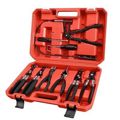 9PCS Flexible Hose Clamp Pliers Set, 24" Long Wire Spring Hose Clamp with Swivel Jaw, Clic-R Type Pliers, Hose Remover & Flat Band Clamp Tool, Red Case for Coolant/Fuel/Oil/Water Hoses