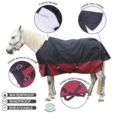 1200D Horse Blanket, 200g Medium Weight Waterproof Winter Turnout | 1200D Ripstop Outer, Waterproof Breathable Shell, Anti-Rub Lining, 200g Insulation, Keep Dry in Snow & Cold, Large Tail Flap