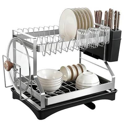 OMISTAR 2 Tier Dish Drying Rack, Large Dish Rack for Kitchen Counter, Stainless Steel Dish Rack with Drainboard and Utensil Holder, Cup Holder, Cutting Board Holder