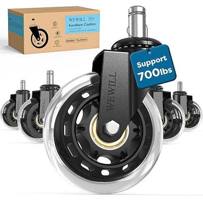 WEWILL Office Chair Wheels - Rubber Casters Replacement Universal Fit 98% Chair(Set of 5) Heavy Duty 3 Inch Smoothly & Quietly Safe for All Floor, Hardwood, Tile, Carpet, Noise Free - Clear