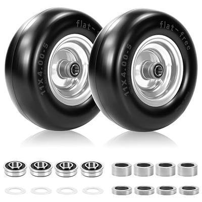 2 Pcs 11x4.00-5 Flat Free Lawn Mower Tire and Wheel, 3/4" & 5/8" Bearings | 11x4-5 Solid Smooth Replacement Front Tires for Zero Turn Lawn Mowers, 3.4"-4.8" Centered Hub, 350lbs Capacity, Gray Rim
