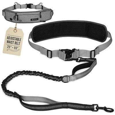 Hands Free Dog Leash for One Dog Up to 125 lb, Waist Pouch, Lumbar Support | Reflective bungee leash with adjustable 25-55 in belt. Walk, run, hike, or train one dog up to 125lbs. Gray.