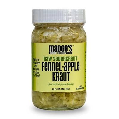 Madge's Rueben Sauerkraut | Raw Unpastuerized | Probiotics Enriched | Pink Salt, Gut Healthy Packed in Glass Jar 15 oz (Fennel Apple)