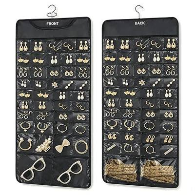 FOREGOER Hanging Jewelry Organizer Storage Roll 88 Zippered Pockets,Dustproof Foldable for Travel,Double-Sided Accessories Organizer Holder for Earring Necklace Ring on Closet Wall Door(Black,1 Pack)