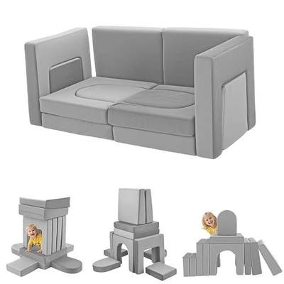 12Pcs Modular Kids Play Couch Multifunctional Foam Toddler Sofa Convertible Kids Sofa Playroom Bedroom Furniture Floor Foam Explorer Couch with Building Fort Feature for Boys and Girls (light gray)