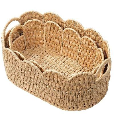 Coeusy Paper Rope Scalloped Basket Set of 2, Wicker Storage Baskets for Shelves,Gifts,Books,Toys,Cute Decor Rattan Baskets for Organizing,Natural Color