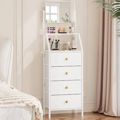 HIGDBFE Vanity Dresser with Adjustable Mirror & 4 Drawers, White, 15.3" W | 3-Way Adjustable Mirror, 2-Tier Shelves, Steel Frame, 11-Inch Deep for Bedrooms, Dorms and Small Spaces