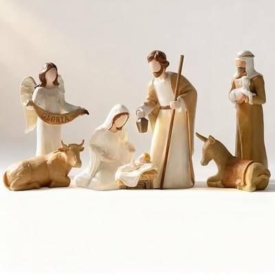 Storieme Christmas Nativity Set Indoor: 8-Piece 7.56 Inches Religious Resin Figurines Nativity Scene for Farmhouse Tabletop Decor Holiday Tradition