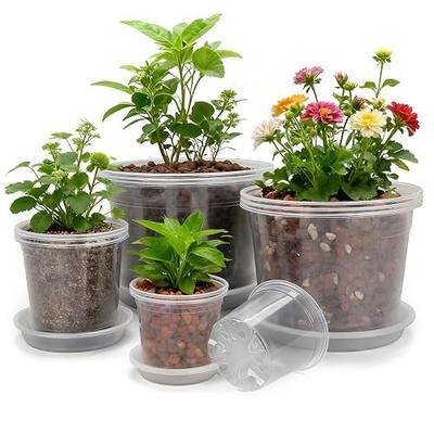 10/8/6/4 Inch Clear Nursery Pots with Drainage Holes and Saucers, 12 Pack Large Clear Pots for Plants Variety Pack, Plastic Nursery Pots for Succulents, Seedings, Herbs, Flowers, Vegetables