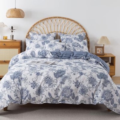 FADFAY Floral Duvet Cover Sets King/Cal King 100% Cotton Blue Flower Pattern Comforter Cover Classic European Style Bedding for All Season Soft Crisp Luxury Bed Cover with Zipper 3Pcs