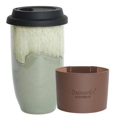 Bosmarlin Ceramic Travel Coffee Cup with Lid, 16 Oz, Portable Coffee Mug for Car Cup Holder, Microwave and Dishwasher Safe, Reactive Glaze (Pale Green, 16 Oz)