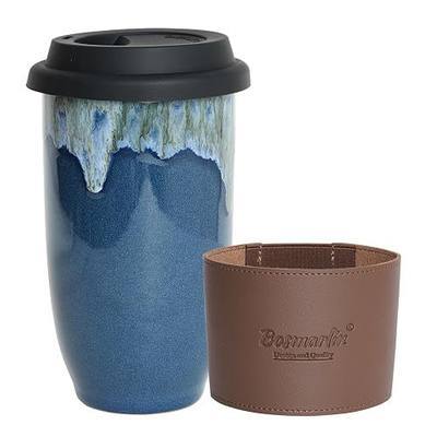 Bosmarlin Ceramic Travel Coffee Cup with Lid, 16 Oz, Portable Coffee Mug for Car Cup Holder, Microwave and Dishwasher Safe, Reactive Glaze (Deep BLue, 16 Oz)