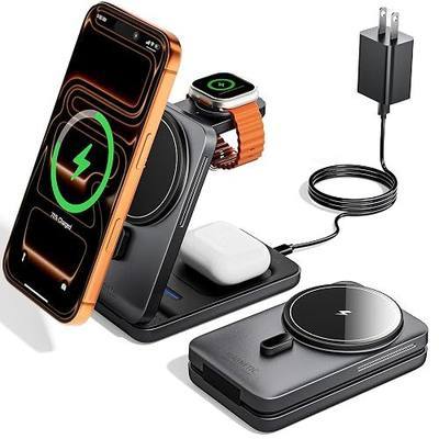 KPON Foldable 3in1 Charging Station for Magsafe, Travel Phone and Watch Charger for Apple, PD20W Wireless Charging Dock for Multiple Devices iPhone 17 16 15 14 13 12 Series/Apple Watch/Airpods