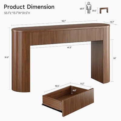 55 Inch Console Table with 2 Drawers, Entryway Tables with Storage,Walnut | Fluted Sofa Table Behind The Couch, Hallway Tables, Mid-Century Modern Foyer Table for Entryway, Hallway, Living Room