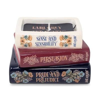 Steel Mill & Co. Book Stack Shape Scented Candle, Jane Austen Titles | Ceramic Novelty Shaped Library Stack 6.5 oz Wax Candle with Notes of Earl Gray Tea and Honey, Unique Gift for Book Lovers