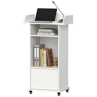 Portable Podium Stand with 4 Metal Wheels, Mobile Lectern Stand with Storage for Church Classroom Restaurant Reception Office Presentation, Wooden Pulpit Desk for Hostess Teacher (White)