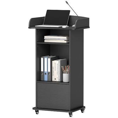 Portable Podium Stand with 4 Metal Wheels, Mobile Lectern Stand with Storage for Church Classroom Restaurant Reception Office Presentation, Wooden Pulpit Desk for Hostess Teacher (Black)