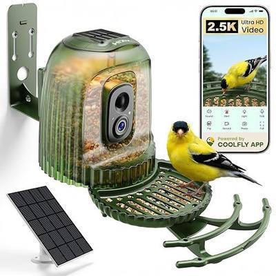 HIXX x COOLFLY Bird Feeder with Camera Solar Powered, Free AI Bird ID | 2.5K UHD, Auto Capture Recording Videos, Instant Alerts, Solar Night Light, Seed Guard Tray, Wall/Tree Mount/Freestanding